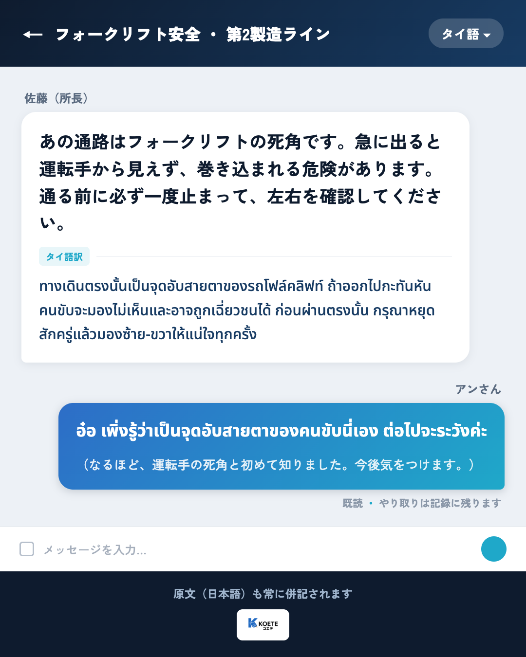 KOETEのチャット画面：所長が日本語で書いた「フォークリフトの死角に急に出ると巻き込まれる危険がある」という注意が、タイ人スタッフにはタイ語で届き、原文の日本語も併記される。やり取りは記録に残る。