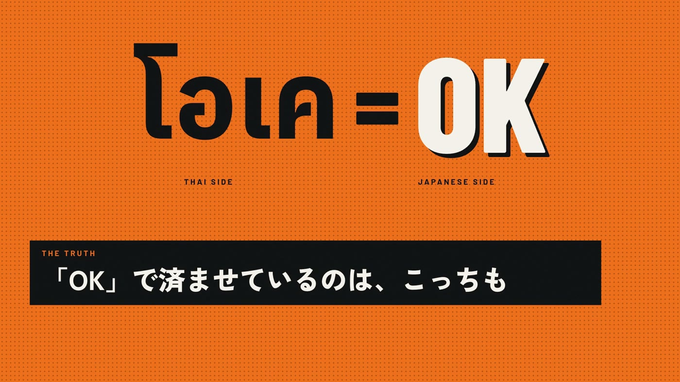 タイ語の「โอเค」と日本語の「OK」が並ぶ。「OK」で済ませているのは、こっちも