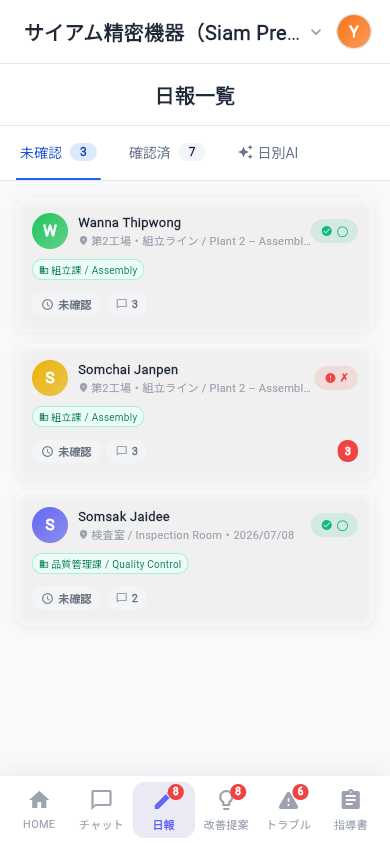 多言語チャットKOETEの日報一覧画面。スタッフの氏名と、部署・現場が日本語と英語で併記されている