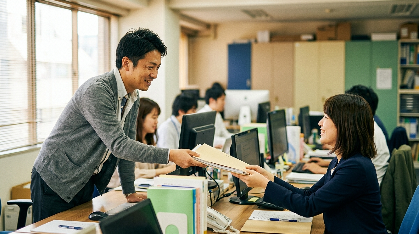 オフィスで日本人の社員が別の社員に書類のファイルを手渡している様子