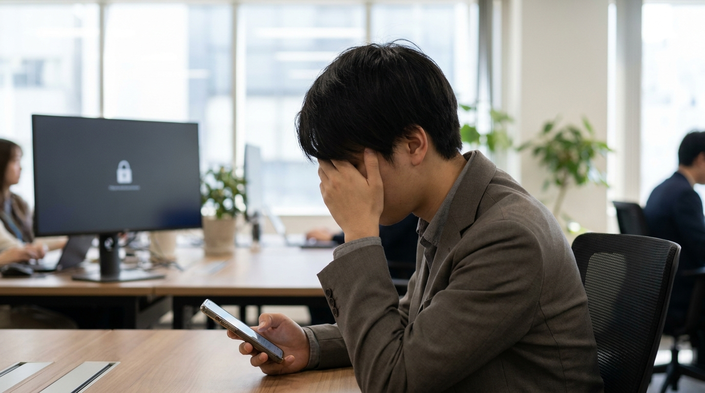 オフィスで社員が私物スマートフォンの画面を見ながら考えている様子。奥のモニターには鍵アイコンが表示されている