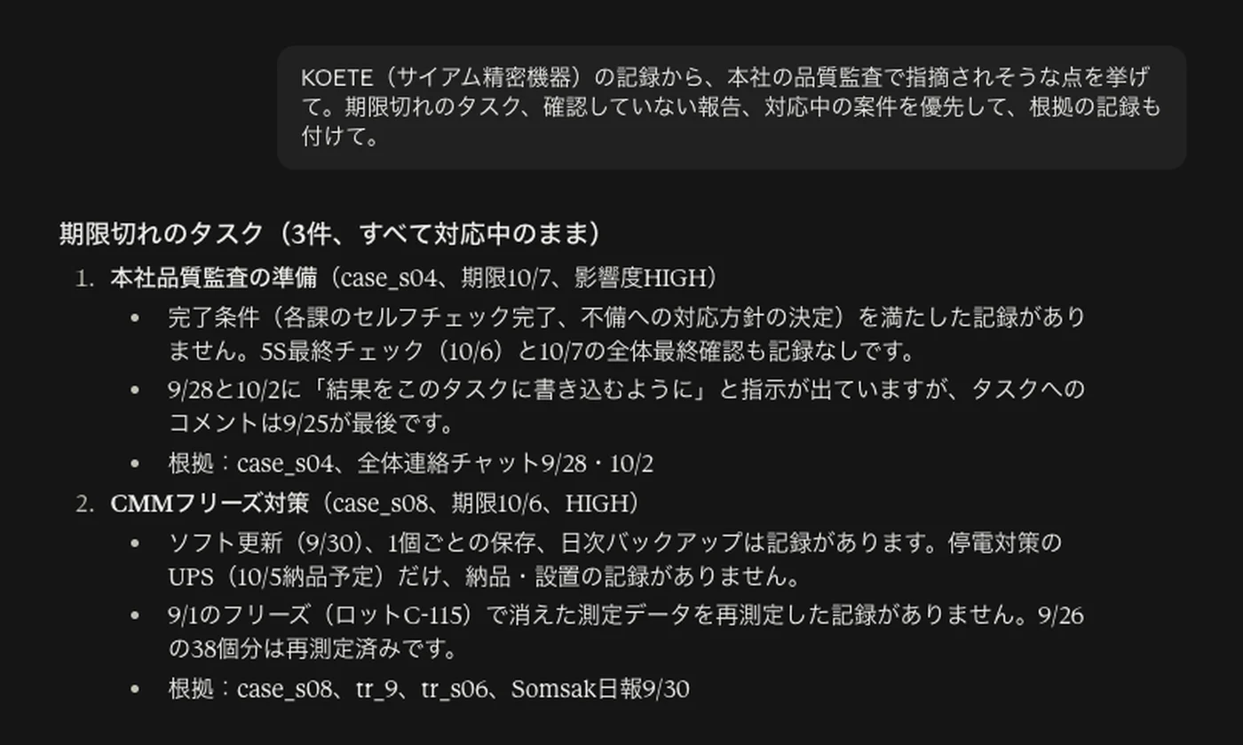 Claudeの画面。KOETEの記録から、期限切れのタスク3件を、根拠の記録つきで挙げている