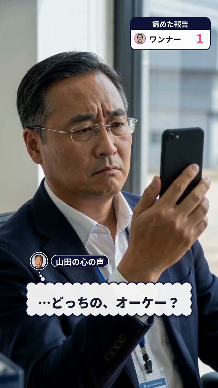 スマホの「OK」を見て首をかしげる工場長の山田